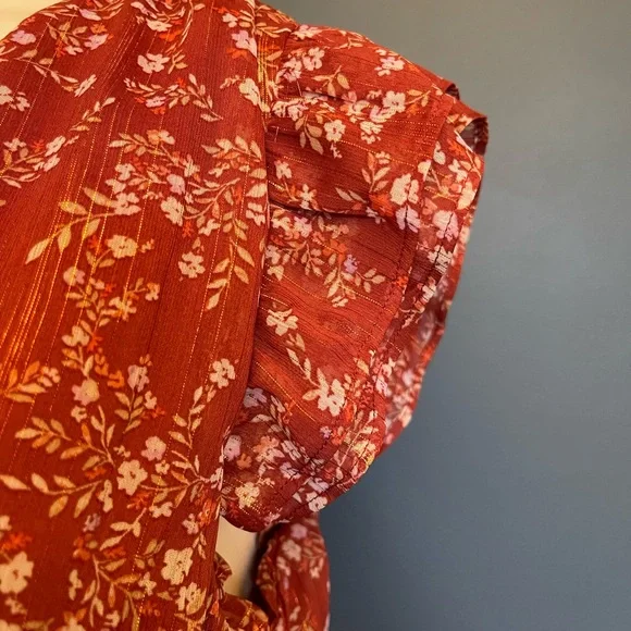 Ann Taylor Womens 8 Shimmer Floral Flutter Cottage Boho Midi Dress - Picture 3 of 15